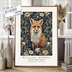William Morris style print, William Morris poster, Fox Illustration, Vintage style Botanical poster, Woodland William Morris wall art animal
