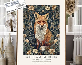 Gravura de raposa de William Morris, arte botânica vintage.