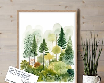 Modern Forest Art Print, Scandinavian Style Nature Wall art, Nordic Forest Poster, Forest Prints, Forest Landscape Painting, lakehouse decor