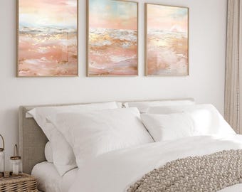 Set of 3 Beach Prints, Peach Pink and Gold Abstract Coastal Decor, Beach House Decor Coastal Living Room, Contemporary Hamptons Decor