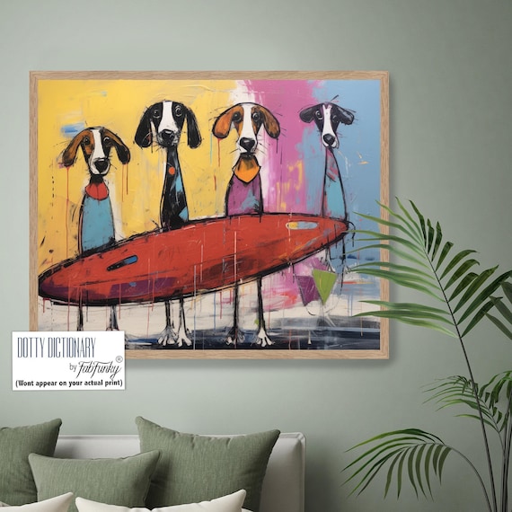 Surfer Dogs Dudes Wall Art, Funky Dog Art Modern Coastal Decor
