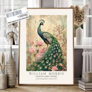 William Morris style bird print, William Morris Peacock poster, Large Vintage wall art, Wildlife nature lover Illustration, floral art