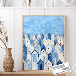 Blue and White Beach Huts, Watercolor Beach Painting, Coastal Art Framed, Beach Landscape, Seaside Nautical Decor, Coastal Wall Art