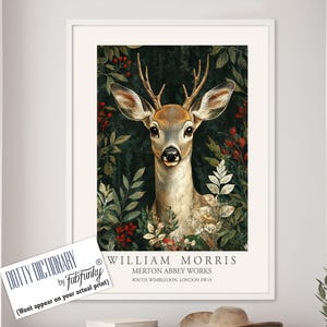 William Morris style Deer print, William Morris Stag poster, Woodland Illustration, Vintage style Botanical, large wall art forest animal