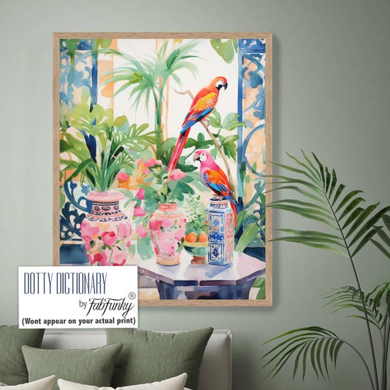 Colourful Parrots Jungle Art Print, , Chic Chinoiserie Decor for Living Room, Modern Tropical Animal Poster Safari Theme Art