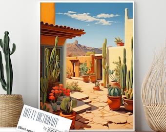 Mid Century Modern Desert Print, Retro Santa Fe Adobe, Southwestern Wall Art