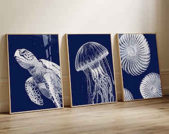 Set of 3 Nautical Prints, of Sea Turtle, Jellyfish and Sea Anemone on Navy Blue, Modern Beach House Decor, Coastal Home Hamptons Style Decor