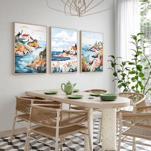 Gallery wall set of 3 Prints Coastal Art Prints, Modern Beach House Decor, Maine Coastal Villages Scandi Style, Lake House decor River Art
