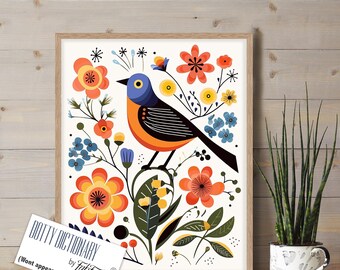 Mid Century Vogel Giclée Druck, schwedische Volkskunst, bunte Retro Wandkunst