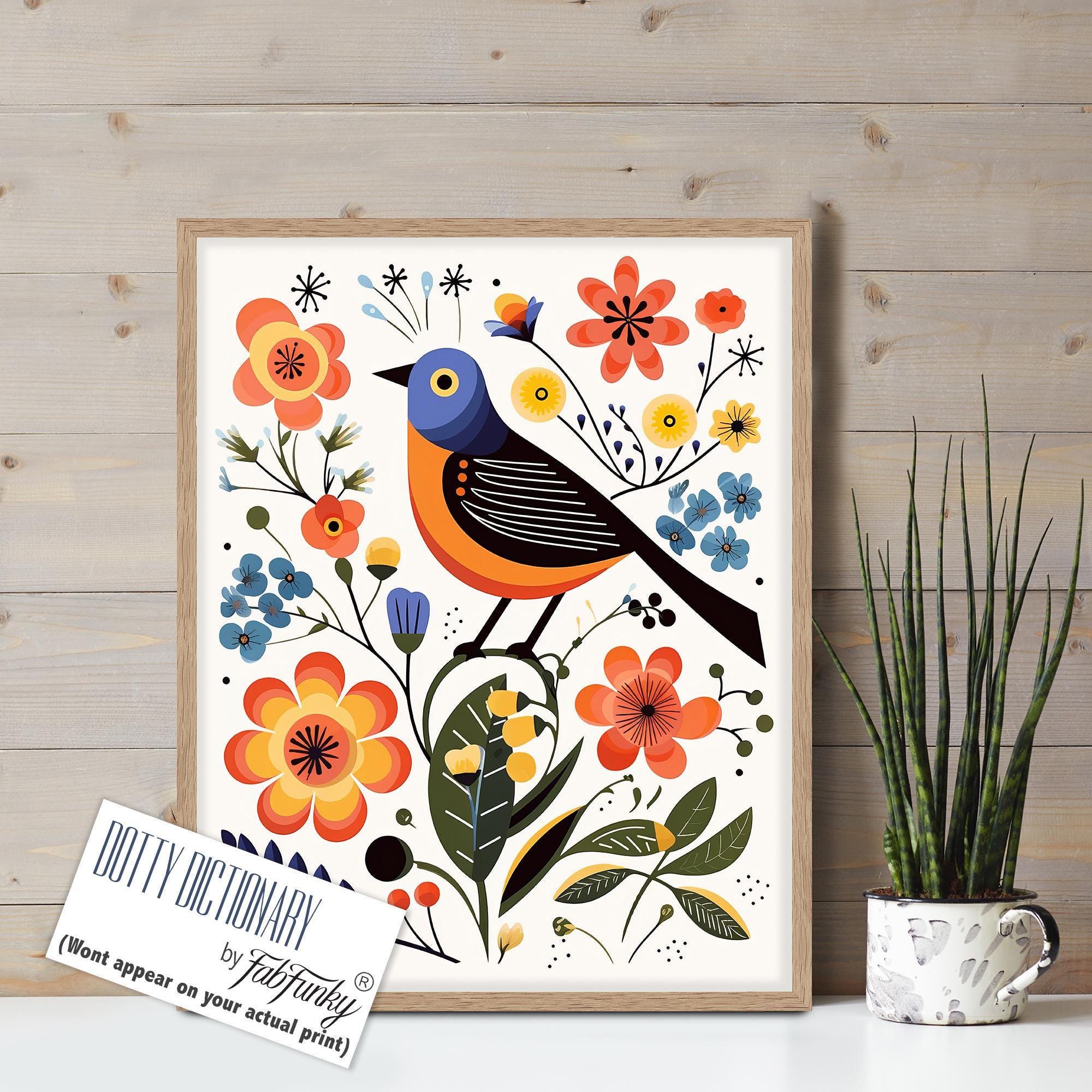 Mid Century Bird Print, Scandi Style Wall Art, Swedish Kitchen