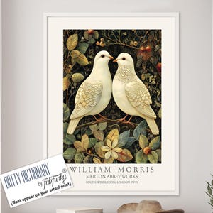William Morris style bird print, White Dove Large Vintage Botanical wall art, Wildlife nature Illustration, Romantic Birds Floral Art poster