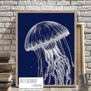 Modern Coastal Home Jellyfish Art Print, Navy Blue White minimalist Wall Art, Bathroom nautical wall art, beach house decor, Under Water