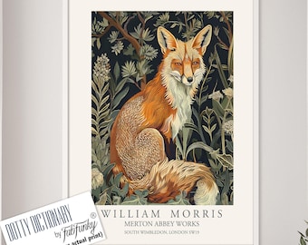 Afdruk in William Morris-stijl, William Morris-poster, Fox Illustration, Botanische poster in vintage-stijl, Woodland William Morris-muurkunst dier