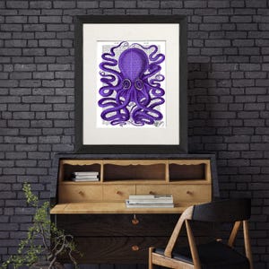 Purple octopus, Kraken squid print, Psychedelic art, Nautical decor, Beach house wall art, Boys bedroom art, Sea life painting, Book page