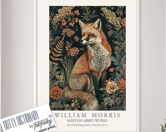 Afdruk in William Morris-stijl, William Morris-poster, Fox Illustration, Botanische poster in vintage-stijl, Woodland William Morris-muurkunst dier