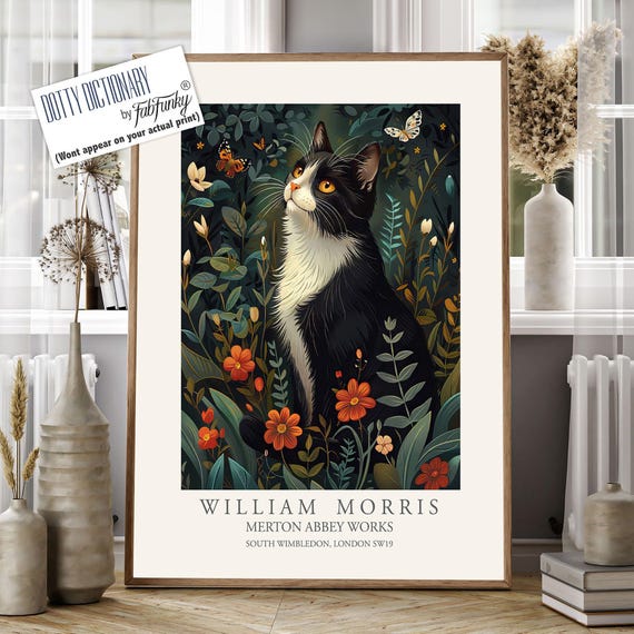 Morris Louis 【graphicvintage】シルクスクリーン William Morris Style Tuxedo Cat Print, Dark Floral Art - Etsy