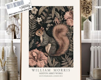 William Morris style print, William Morris poster, Cute grey Squirrel Illustration, Vintage style Botanical wall art Woodland Animal artwork
