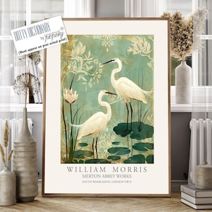 William Morris style bird print, White Heron poster, Large Vintage wall art, Wildlife nature lover Illustration, Japanese style Decor
