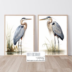 Set of 2 Great Blue Heron Art Prints, Modern coastal home wall art, Sea Bird Painting, Blue  White Bedroom Decor, Beach house Seaside Decor