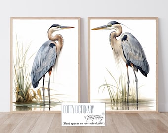 Set of 2 Great Blue Heron Art Prints, Modern coastal home wall art, Sea Bird Painting, Blue  White Bedroom Decor, Beach house Seaside Decor