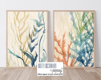Set of 2 Seaweed Prints Watercolour style, Green blue orange Nautical Bathroom Print Calm Coastal Decor, Beach house wall art, Coastal Home