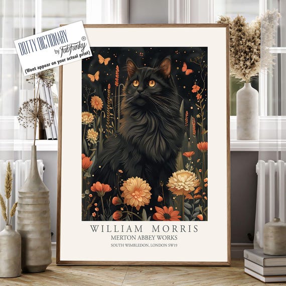 William Morris Style Cute Long Hair Black Cat Print, William