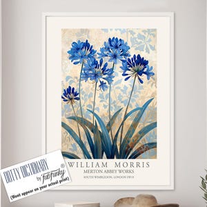 William Morris Style Floral print, Blue Agapanthus Flower poster, Large vintage wall art, nature Illustration, Art Nouveau Home Deco