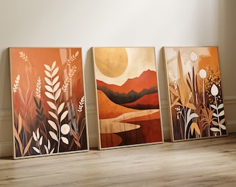 Neutral boho decor of Gallery Wall Set of 3 Prints , DIGITAL DOWNLOAD, minimalist abstract art prints in warm earth tones, burnt orange gold