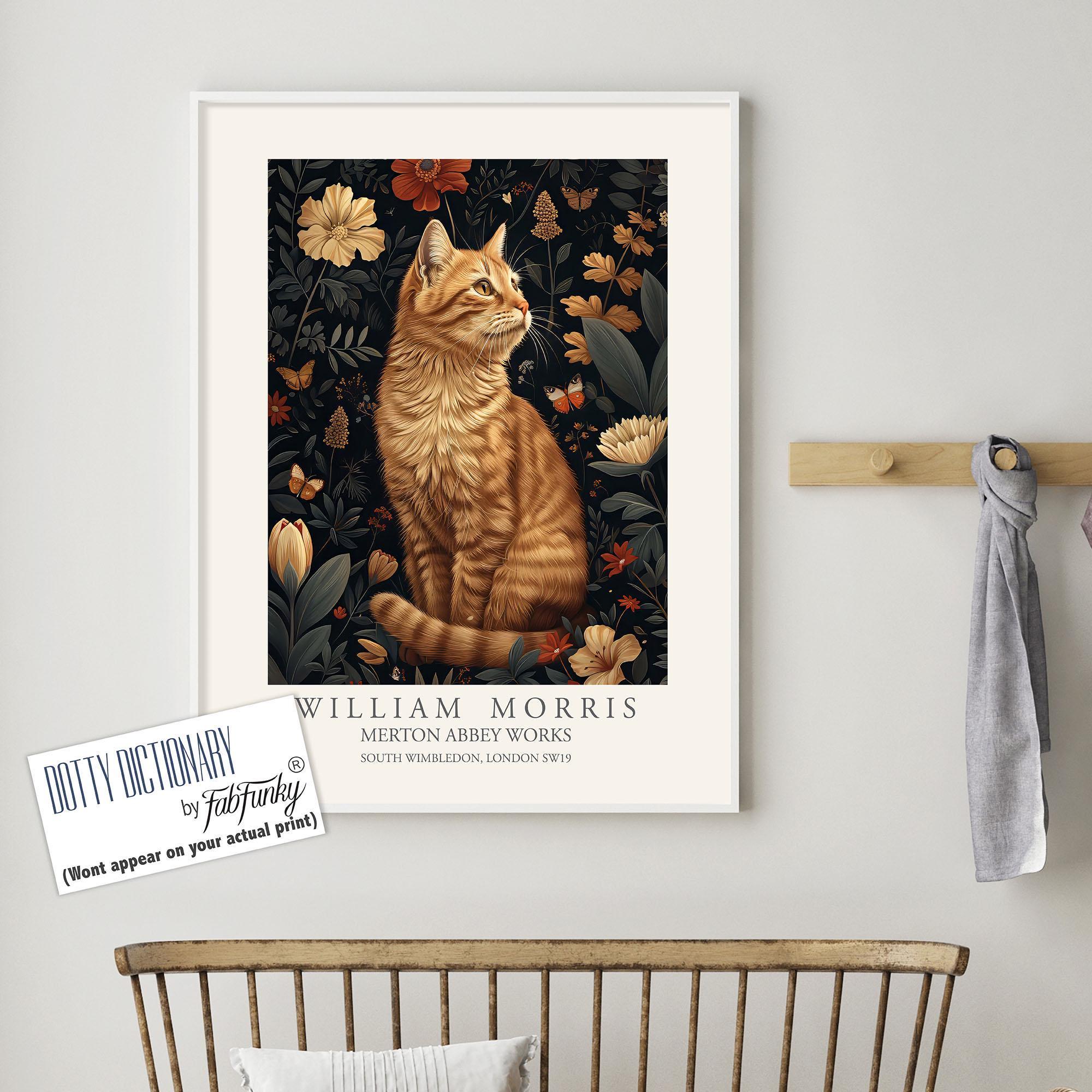 William Morris Style Ginger Cat Art Print, Vintage Floral Wall William Morris Style Ginger Cat Art Print, Vintage Floral Wall