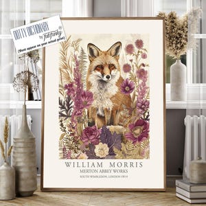 Stampa in stile William Morris, poster di William Morris, illustrazione di volpe, poster botanico in stile vintage, arte murale di William Morris nei boschi con animali