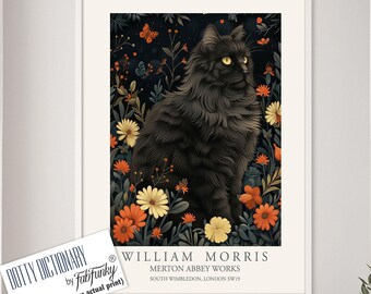 ウィリアムモリス風のかわいい黒猫のプリント、ウィリアムモリスの
