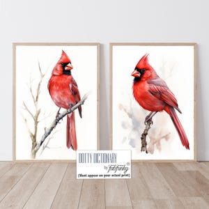 Red Cardinal Bird Prints, Set of 2 Red Cardinal Pictures, Cute Bird Paintings, Colourful  bird art, bird lover gift idea