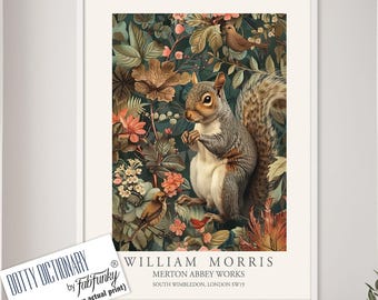 William Morris style print, William Morris poster, Cute grey Squirrel Illustration, Vintage style Botanical wall art Woodland Animal artwork