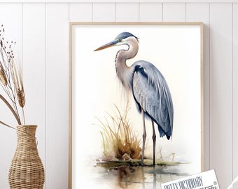 Heron Print, Great Blue Heron Art Print, Blue Heron Watercolour Painting, Coastal Bird Art, Heron Wall art, Framed Heron Art