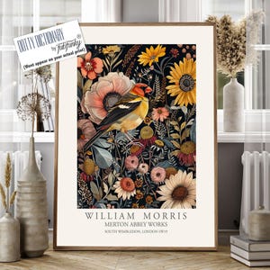 William Morris style bird print, Goldfinch Large Vintage Botanical wall art, Wildlife nature Illustration, Garden Birds Floral Art poster