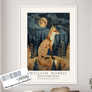 Stampa in stile William Morris, poster di William Morris, illustrazione di Moonlight Fox, poster botanico in stile vintage, arte murale con animali del bosco