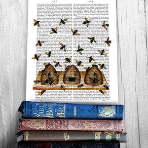 Honeybees vintage beehives, Honey bee print, Kitchen art, Bee picture, Nature wall art, Dictionary print, Insect decor, Boho decorating