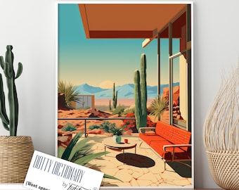 Mid Century Modern Print of Desert Landscape and Ranch House