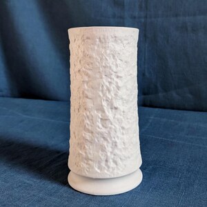 Op de afbeelding: Witte keramische vaas met een getextureerd oppervlak. De vaas heeft een brede basis en een smalle opening.