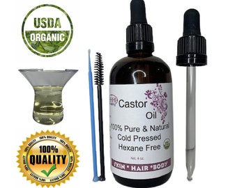 Castor Oil Starter Pack 100% Cold Pressed-Hexane Free Organic Holistic Hair and Skin 4 oz Glass Amber Bottle
