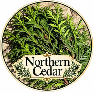 May include: A circular label featuring a vibrant green sprig of Northern Cedar foliage. Centered on the image is a cream-colored decorative plaque with the text Northern Cedar in a dark green serif font, framed by a thin gold border.