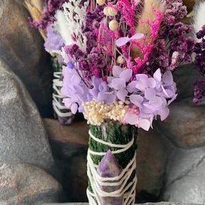 SAGE Crystal Point Bouquet, Gemstone Amethyst Crystal Point Tower Wand, Flower Bouquet, Sage Bundle with Dried Floral & Amethyst