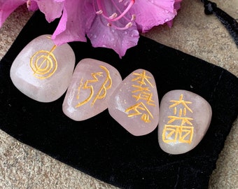 Reiki Set,Rose Quartz Tumbled Usui Reiki Set, Rose Quartz ,Reiki Set,Reiki Symbol Set,Rose Quartz 4 Pc with Pouch