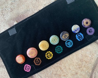 Chakra Disc Set, Purse,  7 Chakra Stones ,Chakra Grid Set,Engraved Disc Set, Chakra Symbols,Set With 14" Velvet Purse