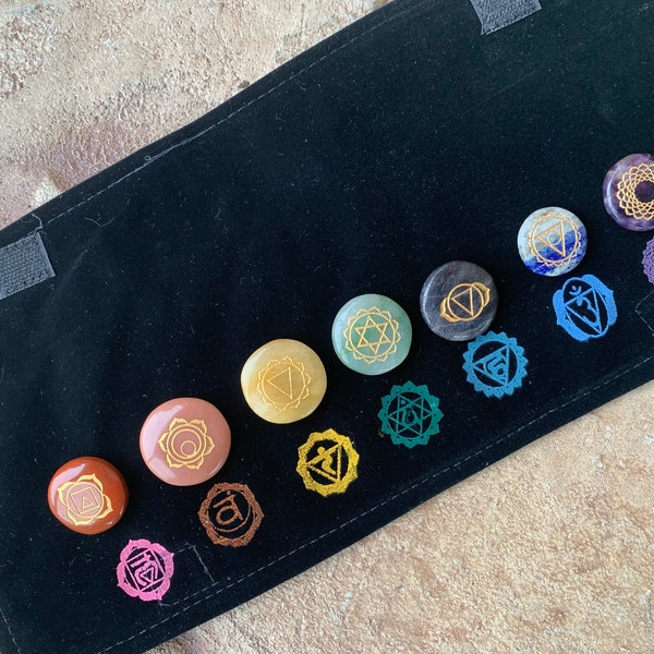 Chakra Disc Set, Purse,  7 Chakra Stones ,Chakra Grid Set,Engraved Disc Set, Chakra Symbols,Set With 14" Velvet Purse