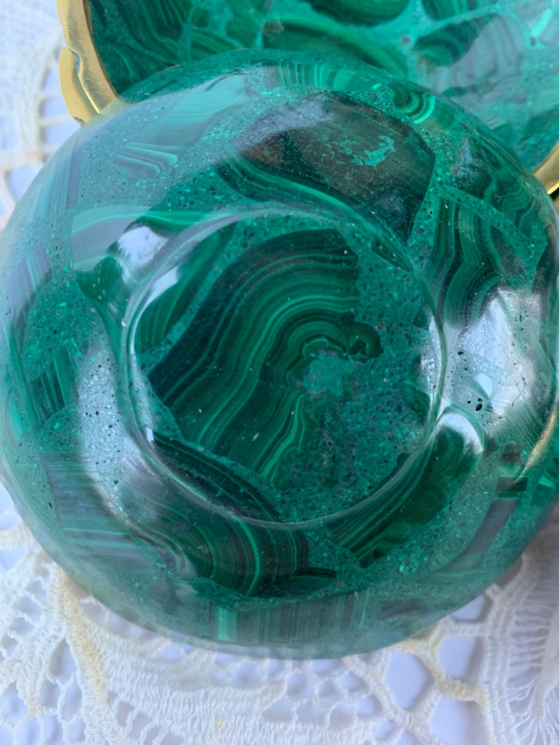 4 MALACHITE Bowl,Green,Malachite Dish,Hand Carved,Birds Eye Malachite,Brass Rim, Round image 3