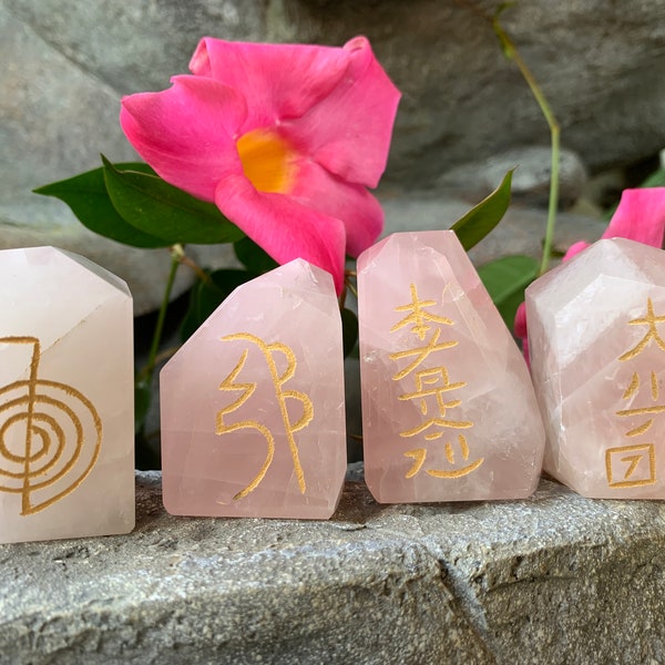 Ensemble Reiki, Ensemble Reiki Usui, Quartz Rose, Ensemble Reiki, Ensemble de symboles Reiki, Ensemble de blocs naturels Rose Quartz 4 Pc