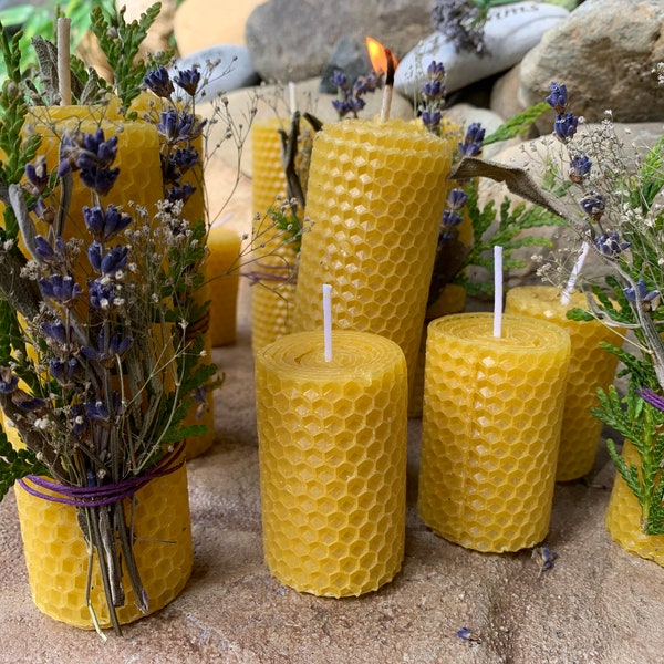 Honeycomb, Cylinder Candles,100% Beeswax Natural,Hand Rolled,Pillar ,Pure Sweet Wax,Taper Rolled Candle w/Lavender,Pine and Baby's Breath