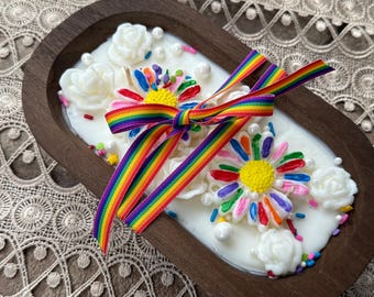 Birthday Celebrate Dough Bowl Soy Candle, Wooden Dough Bowl, Celebration Gift, Birthday Gift, with Soy wax Daisy Candles Large 8.5"