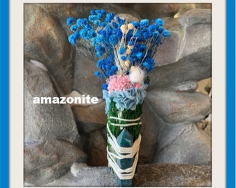 SAGE Crystal Point Bouquet, Gemstone Amazonite Crystal Point Tower Wand, Flower Bouquet, Sage Bundle with Dried Floral & Amazonite